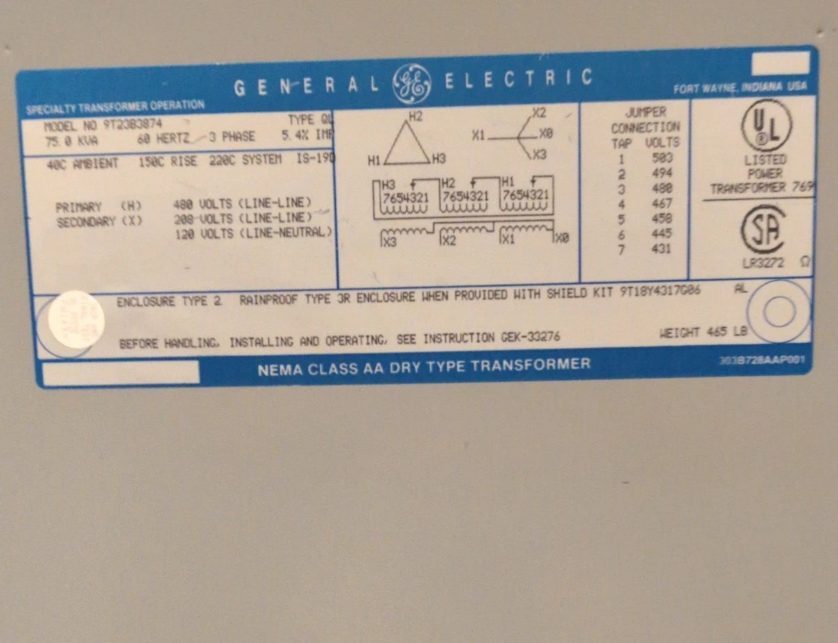 75KVA GE 3PH 9T23B3874 Transformer Pri 480V Sec 208/120V Type QL Indoor 60Hz Used