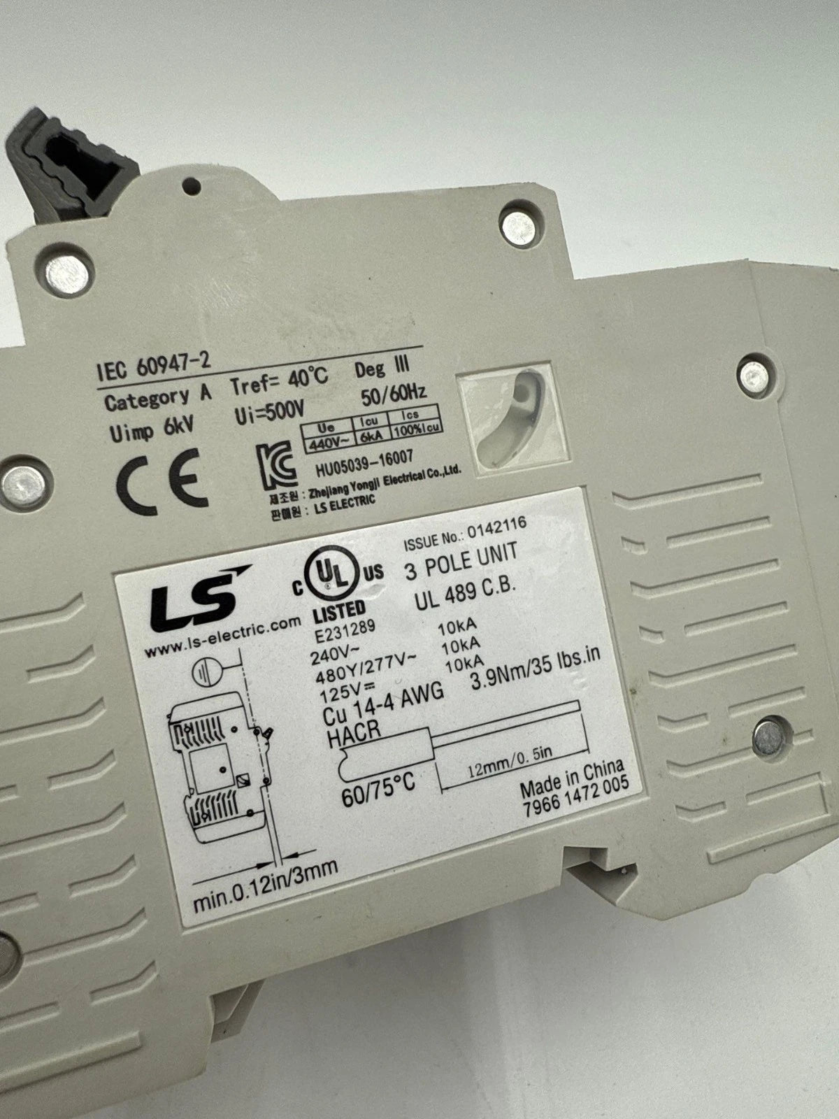 LS BK63HU Circuit Breaker 2A 3P 480/277V 1PH Type C 2 Amp 3 Pole Used