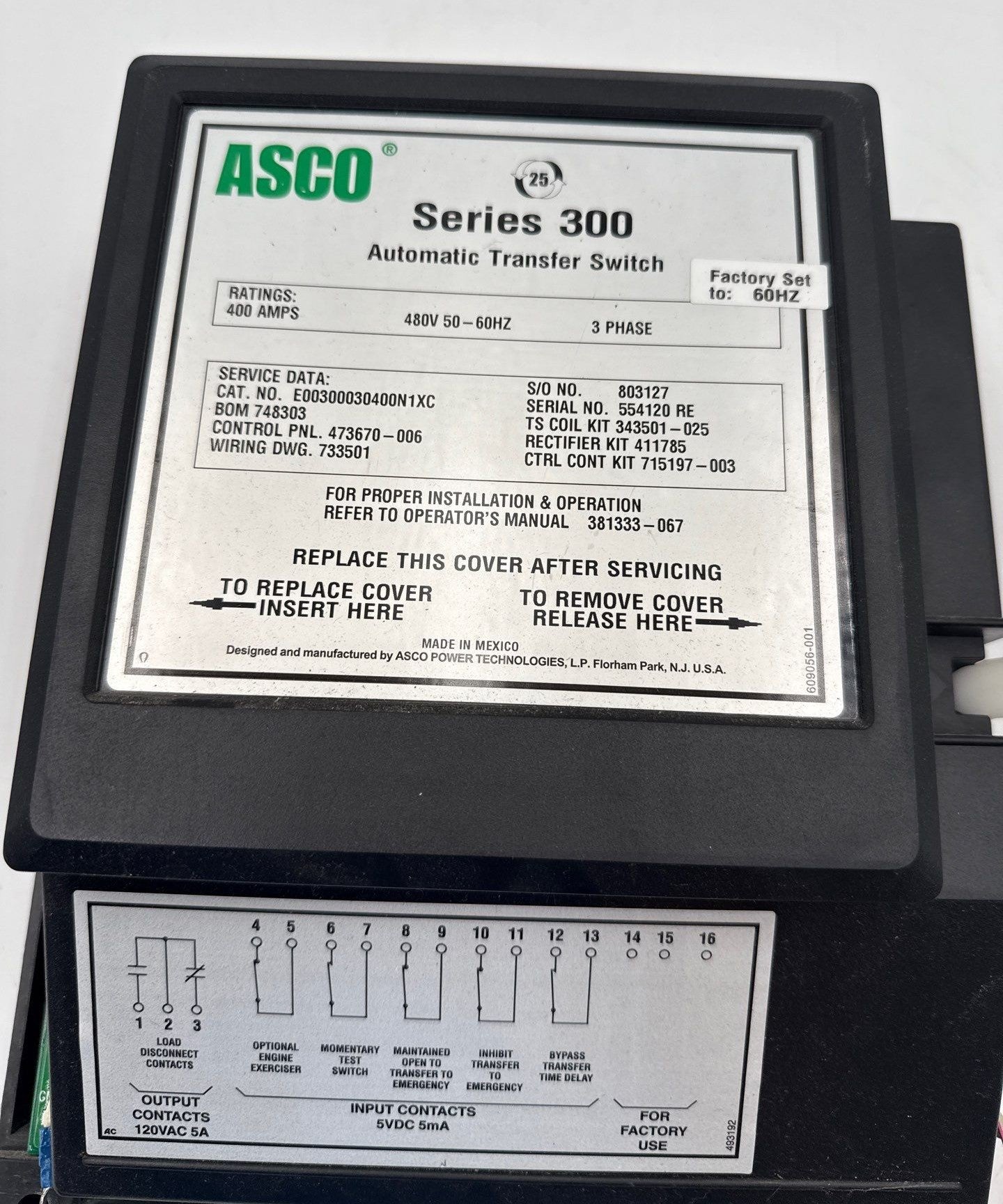 ASCO Series 300 Automatic Transfer Switch 400A 480V 60Hz E00300030400N1XC Used