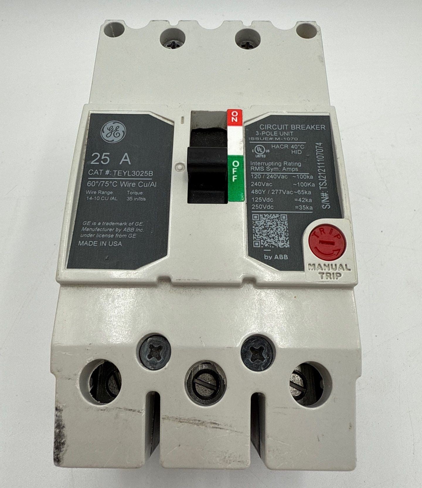 GE TEYL3025B Circuit Breaker 25A 3P 480/277V 3PH TEYL 25 Amp 3 Pole Bolt On Used
