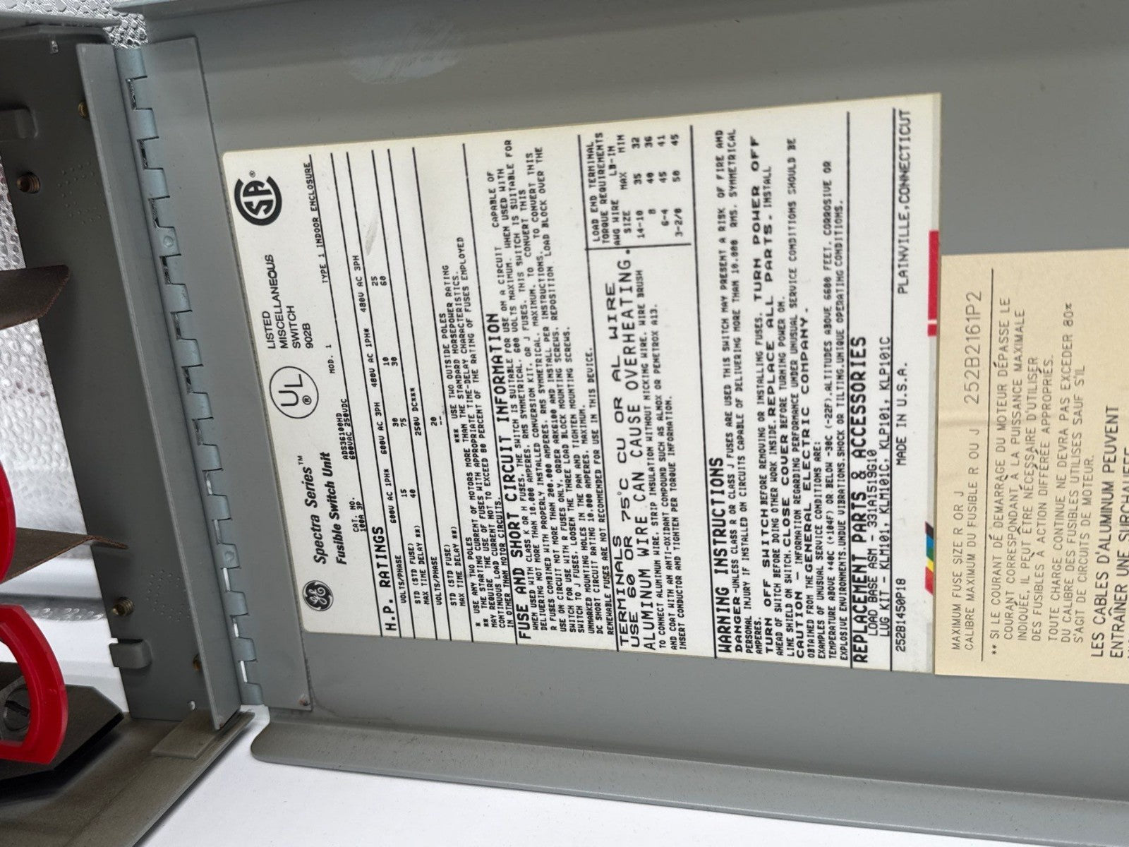 GE ADS36100HD Fusible Panelboard Switch 100A 3P 600V SPECTRA SER 100 Amp 3 Pole Used