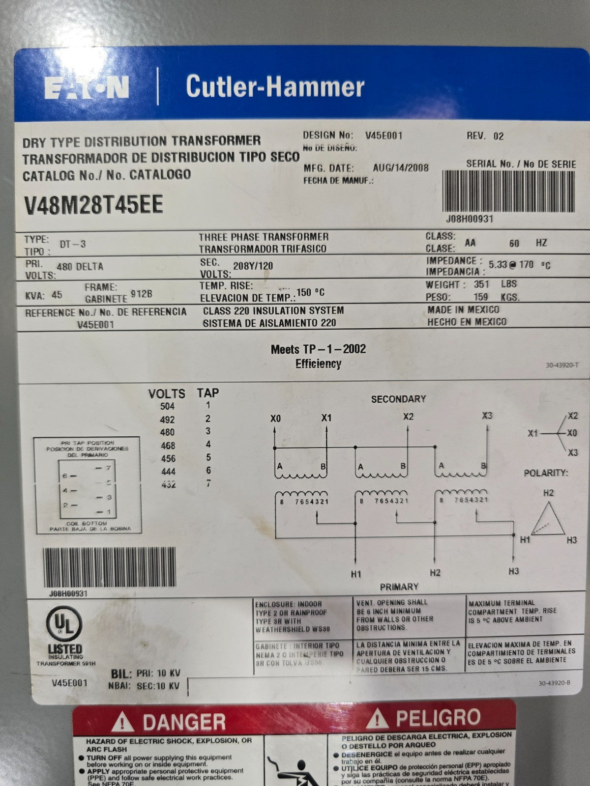 45KVA Eaton V48M28T45EE Transformer Pri 480V Sec 208/120V 3PH Indoor Encl DT-3 Used