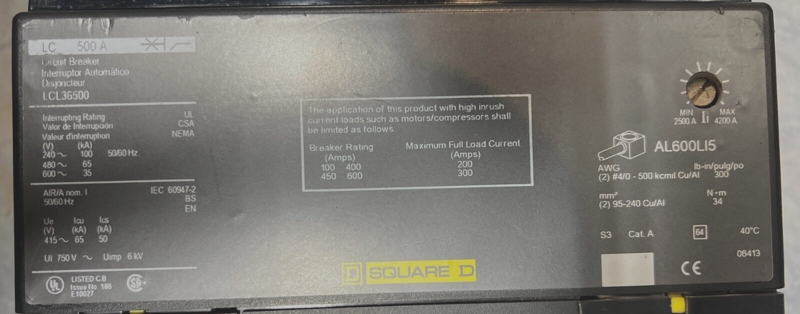 Square D LCL36500 Used