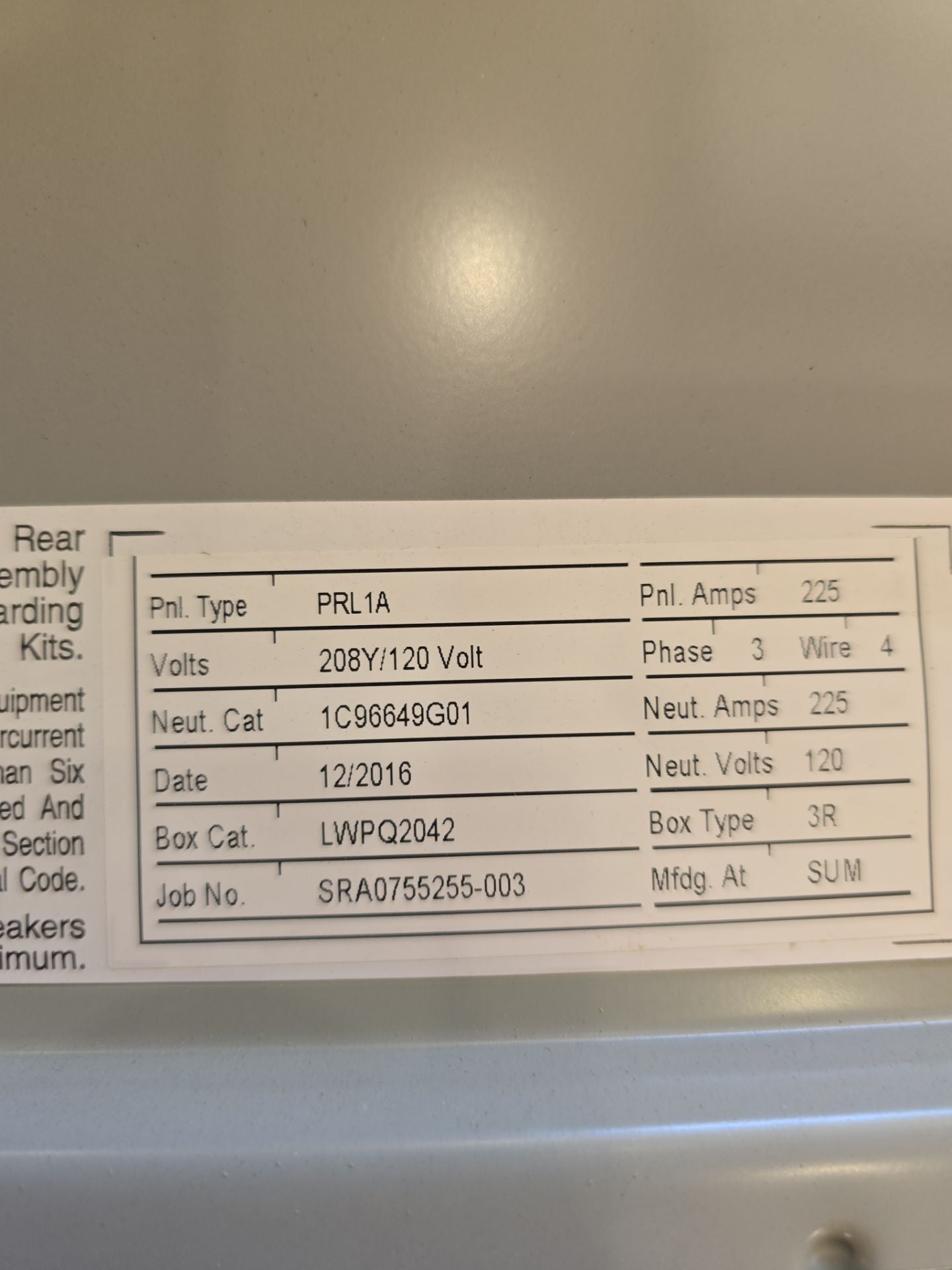 Eaton PRL1A Panelboard 225A 208Y/120V 3PH 4W 42 Space 3R Encl MLO Outdoor Used