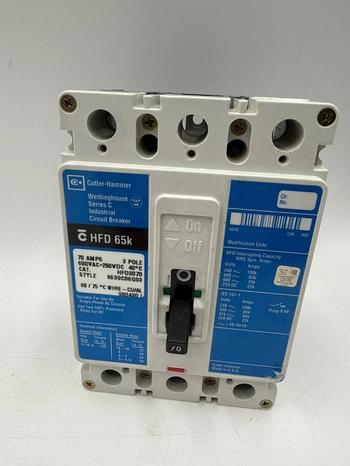 Cutler Hammer HFD3070 Circuit Breaker 70A 3P 600V 3PH 70 Amp 65k 3 Pole 600 Volt Used