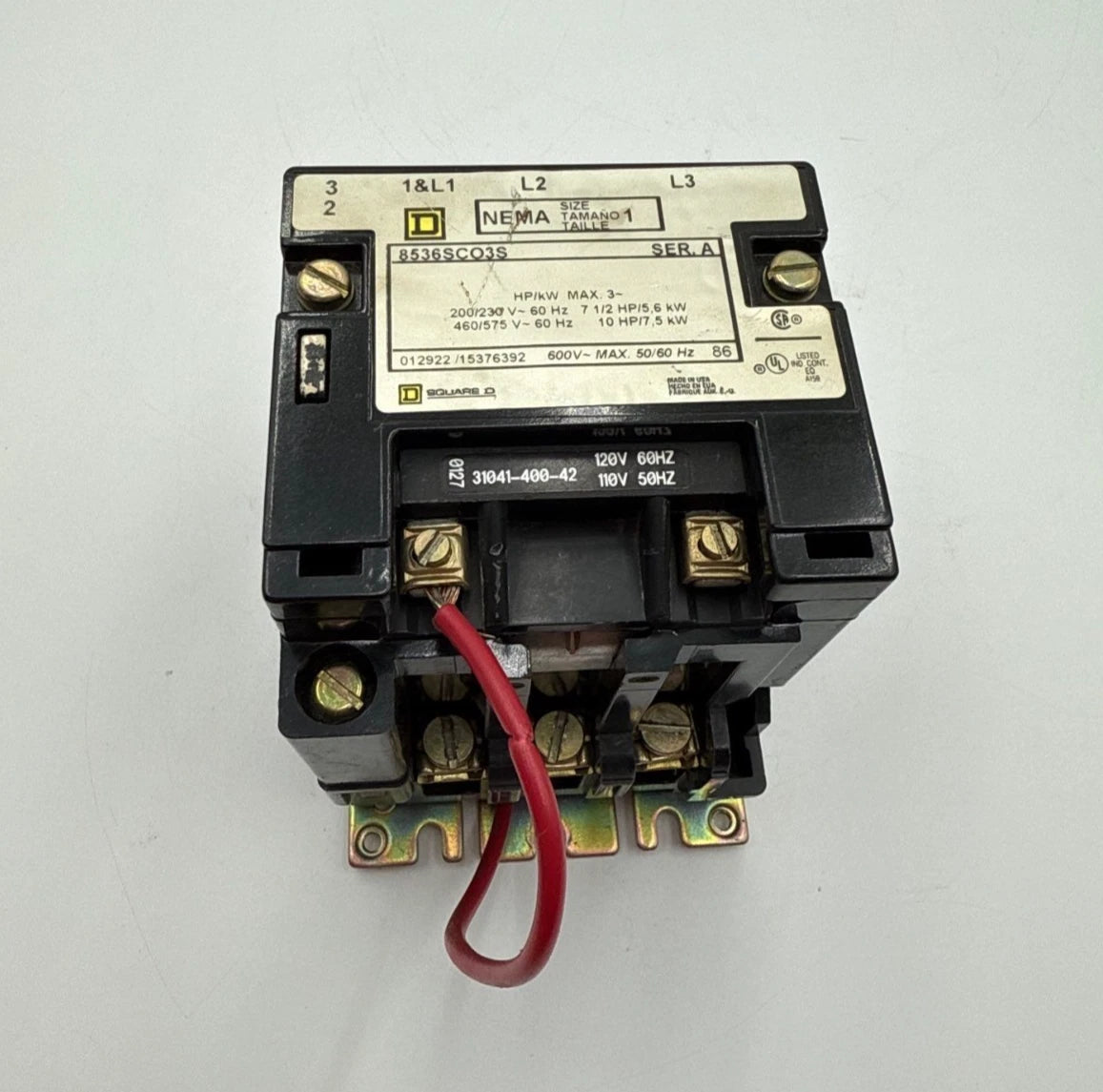 Square D 8536SCO3S Contactor NEMA Size 1 Coil 110/120V 3P 10HP 600V 31041-400-42 Used