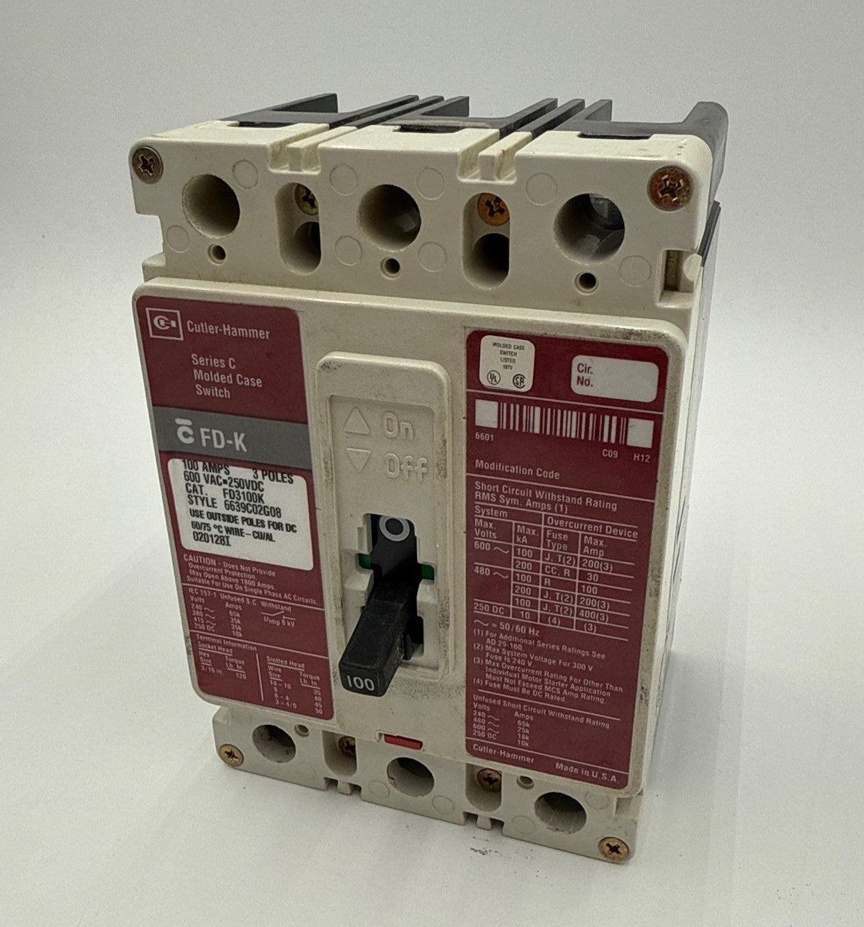 Cutler Hammer FD3100K Circuit Breaker 100A 3P 600V FD-K 100 Amp 3 Pole Used