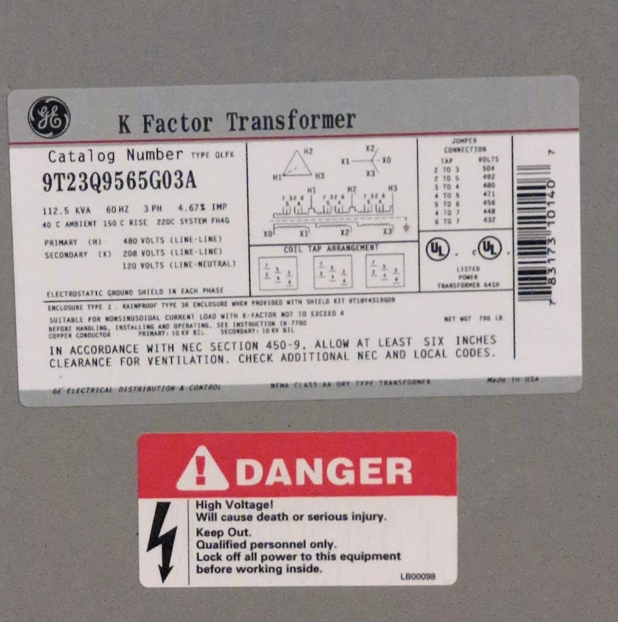 112.5KVA GE 9T23Q9565G03A Transformer Pri 480V Sec 208/120V 3PH Indoor Encl Used