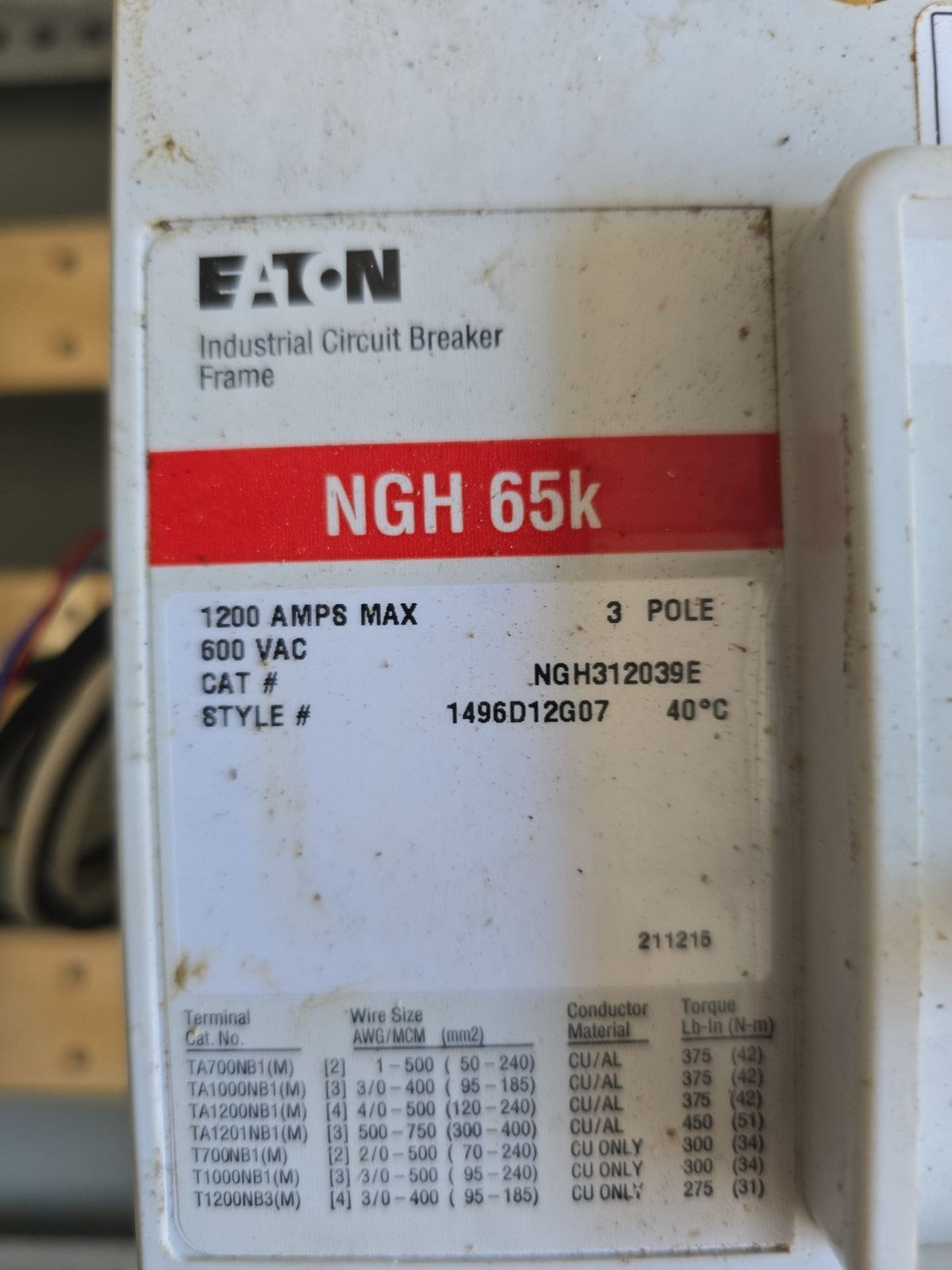 Eaton PRL4B Panelboard 1200A 480/277V 3PH MCB Panel 1200 Amp NGH312039E LSIG 3R Used