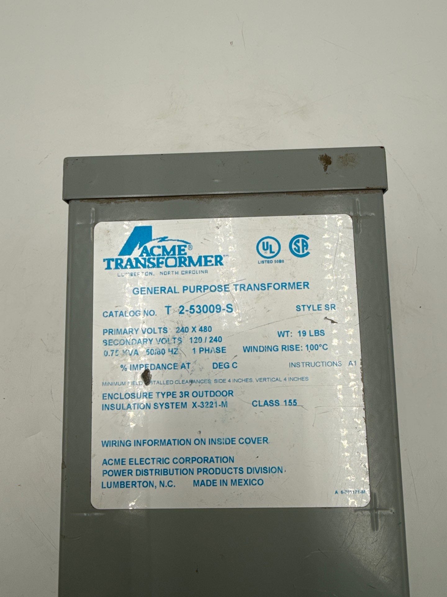 ACME T2-53009-S Transformer 0.75kVA Pri 240x480V Sec 120/240V 1PH New