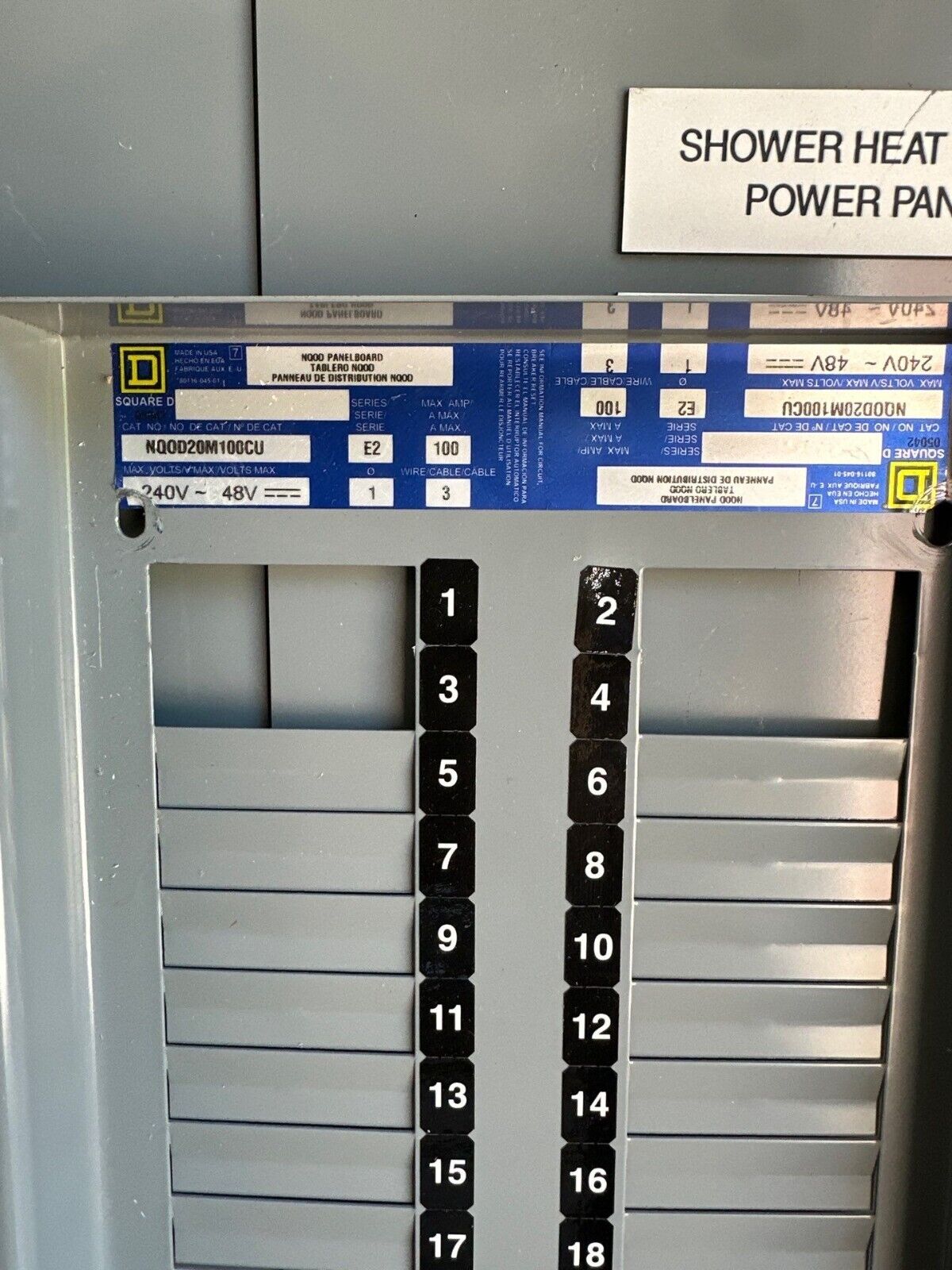 Square D NQOD20M100CU Panelboard 100A 240V 1PH 3W Indoor Encl 20 Circuit MCB P528 Used