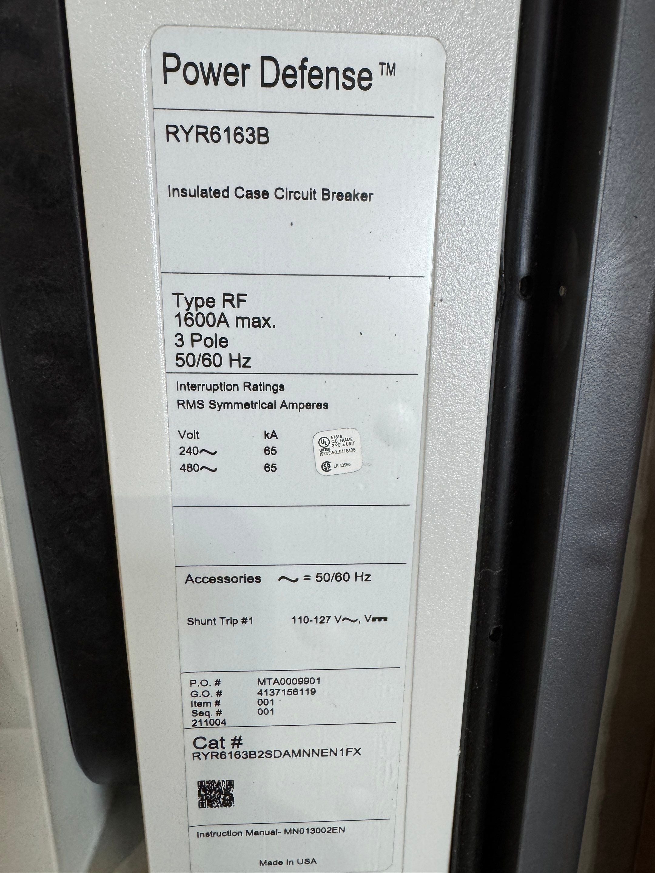 Eaton RYR6163B Circuit Breaker 1600A 3P 600V PXR25 LSIG Maintenance Mode New