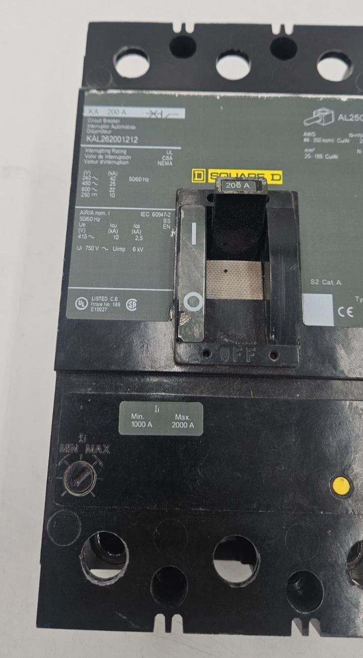 Square D KAL262001212 Circuit Breaker 200A 2P 600V KAL 200 Amp 2 Pole w/ AUX Used