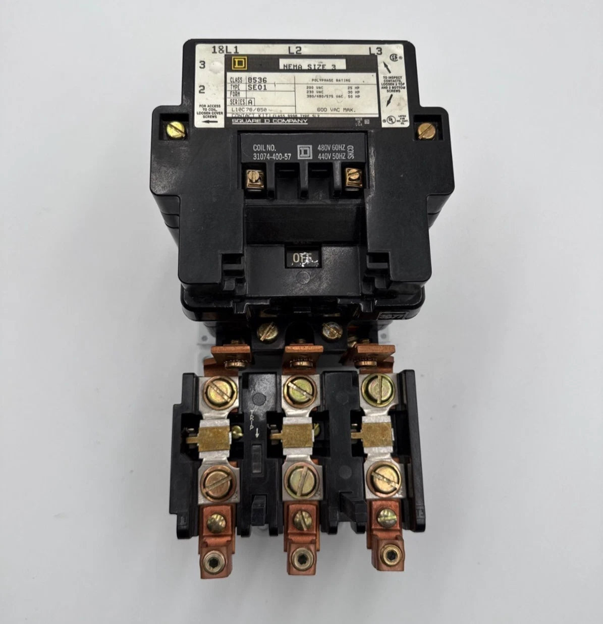 Square D 8536SE01S NEMA Size 3 Starter 90A 3P 600V 3PH 50HP Coil 440/480V Used