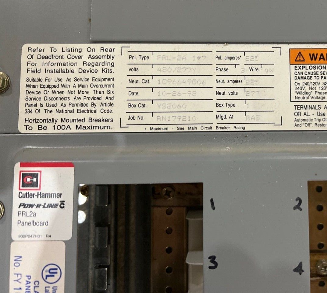CH PRL2A Panelboard 225A 480/277V 3PH 4W 42 Circuit MLO Main Lug Indoor 225 Amp P679 Used