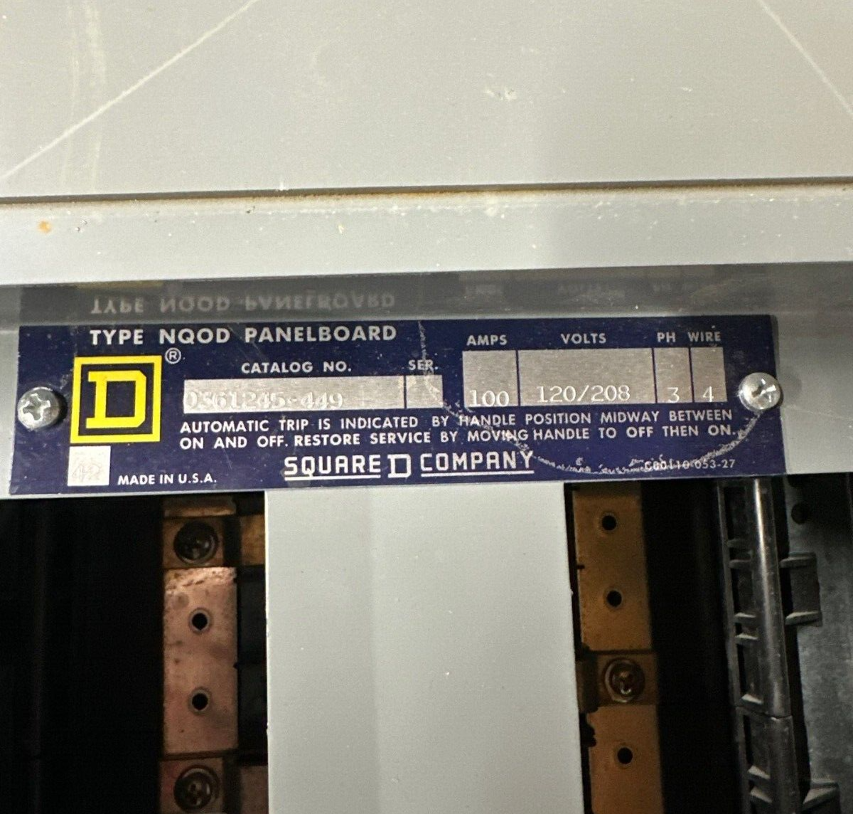 Square D NQOD Panelboard 100A 120/208V 3PH 4W MLO 24 Circuit Main Lug 100 Amp P103 Used