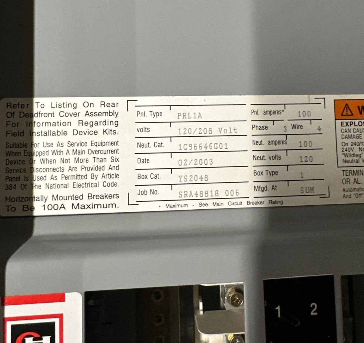 Cutler Hammer PRL1A Panelboard 100A 120/208V 3PH 4W Main Lug MLO 42 Cir 100 Amp P116 Used