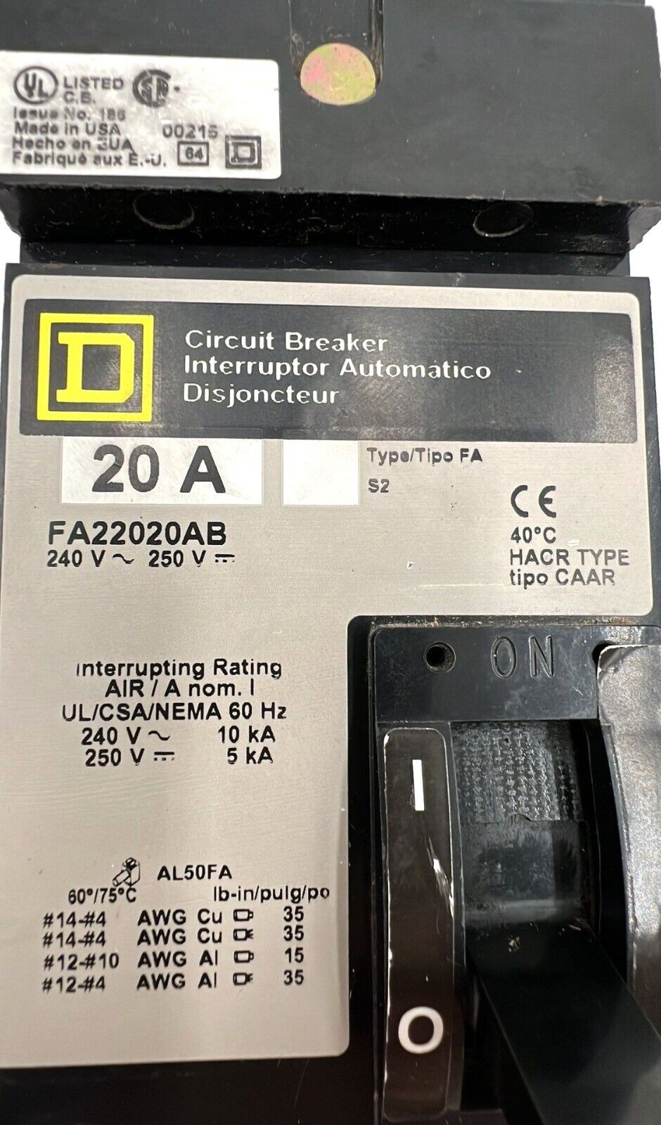 Square D FA22020AB Used