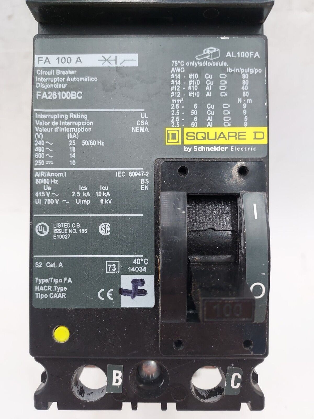 Square D FA26100BC Used