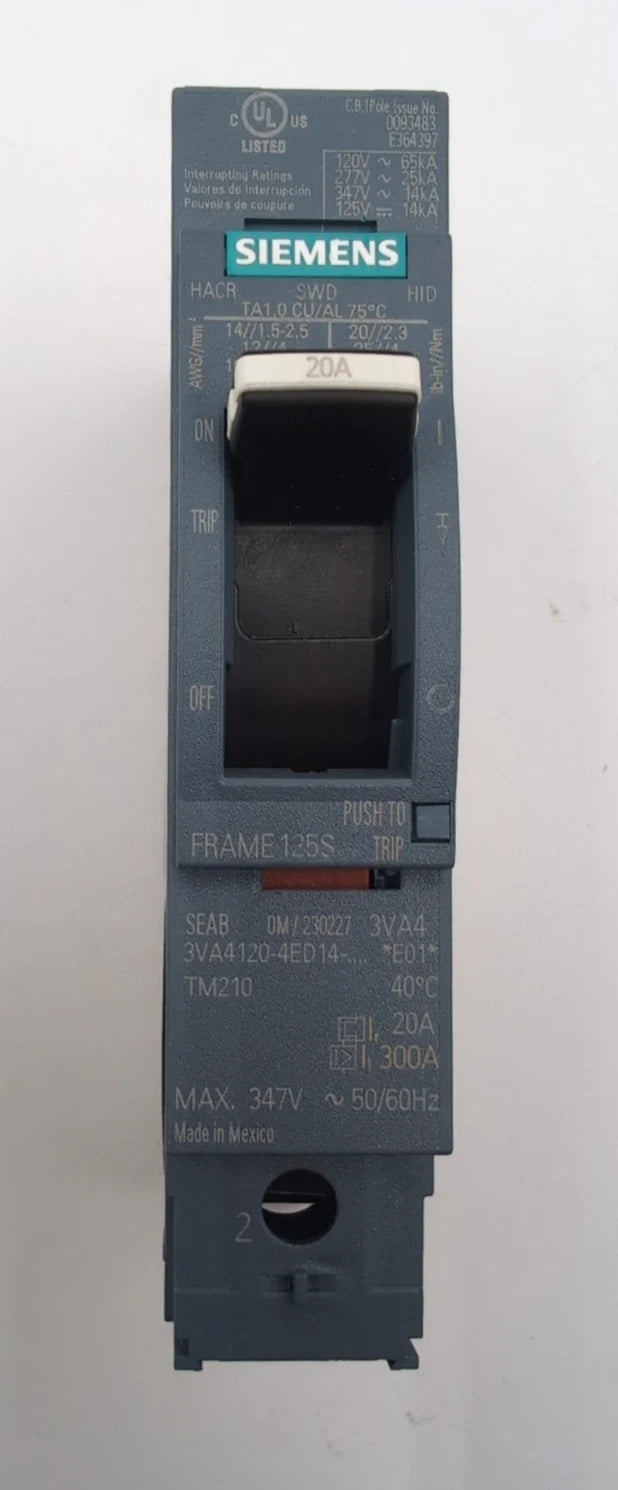 Siemens 3VA4120-4ED14-0AA0 Circuit Breaker 20A 277V 1P Bolt On 20 Amp 1 Pole New