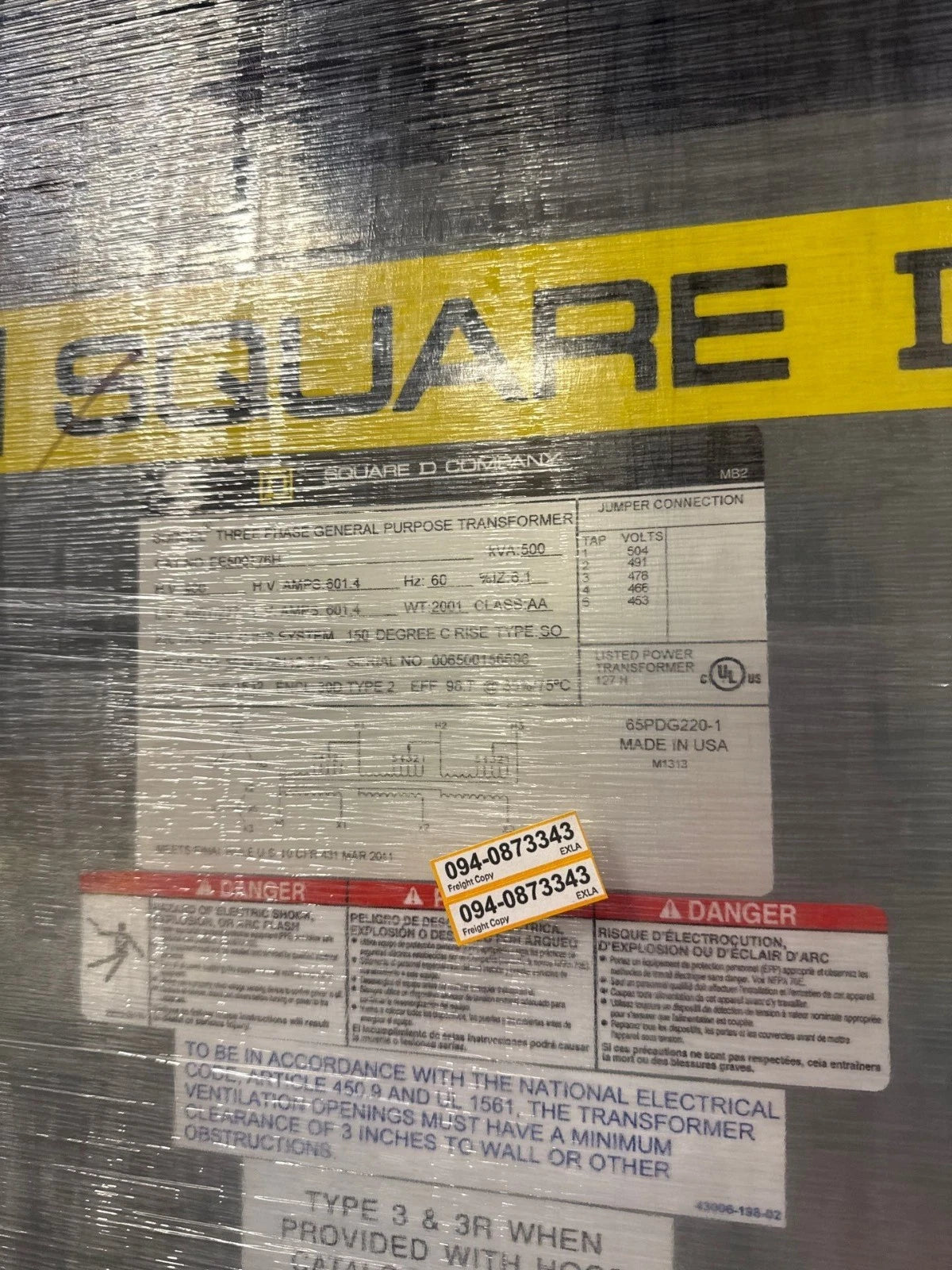 500KVA Square D EE500T76H Transformer Pri 480V Sec 480/277V 3PH Indoor Encl New