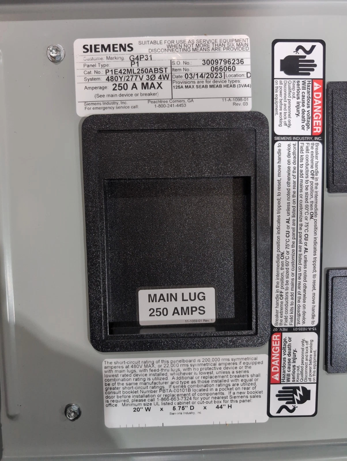 Siemens P1E42ML250ABST P1 Panelboard 250A 480/277V 3PH MLO Panel 250 Amp 42 Cir New