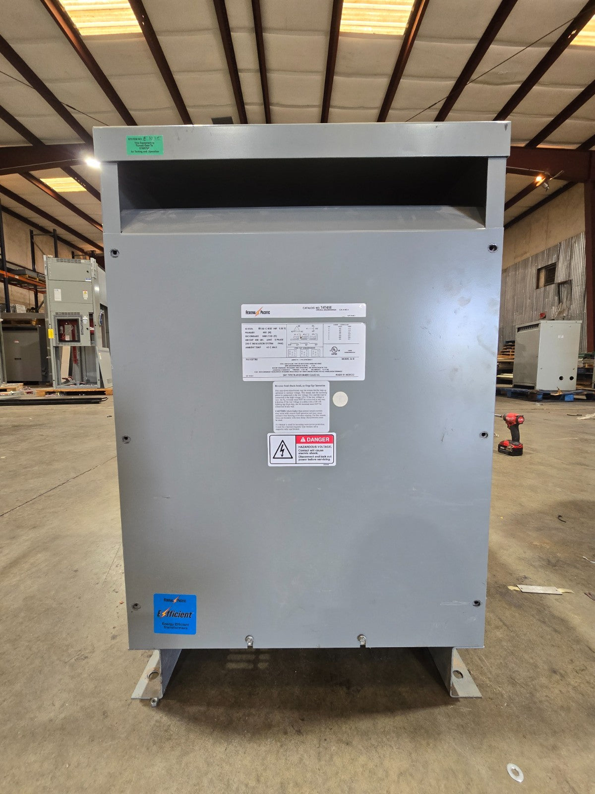 45KVA Federal Pacific T4T45E Transformer Pri 480V Sec 208/120V 3PH Indoor Encl Used