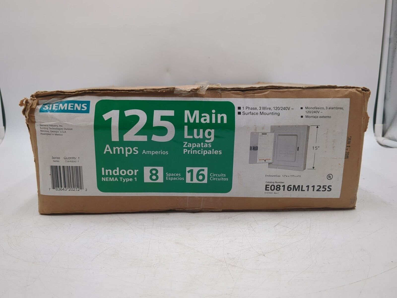 Siemens E0816ML1125S Load Center 125A 120/240V 1PH 3W 16Cir 8 Space Main Lug MLO New