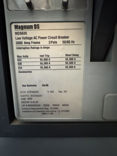 3000 Amp 480/277V Switchboard Main Breaker Eaton Cutler Hammer 300A Used