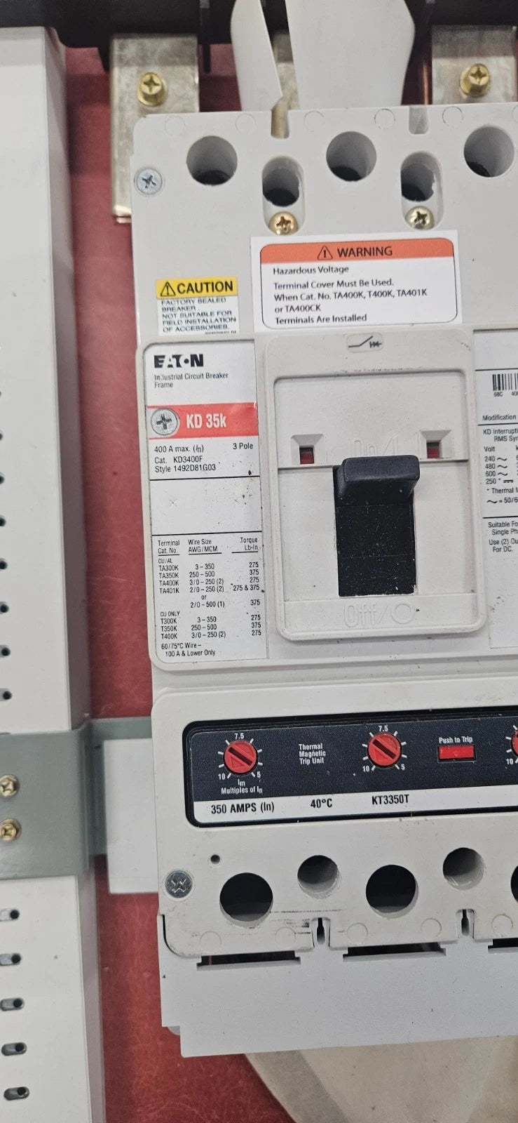 Eaton PRL3X Panelboard 400A 480/277V 3PH 3R Encl MCB Panel KD3400 Subfeed 350A Used
