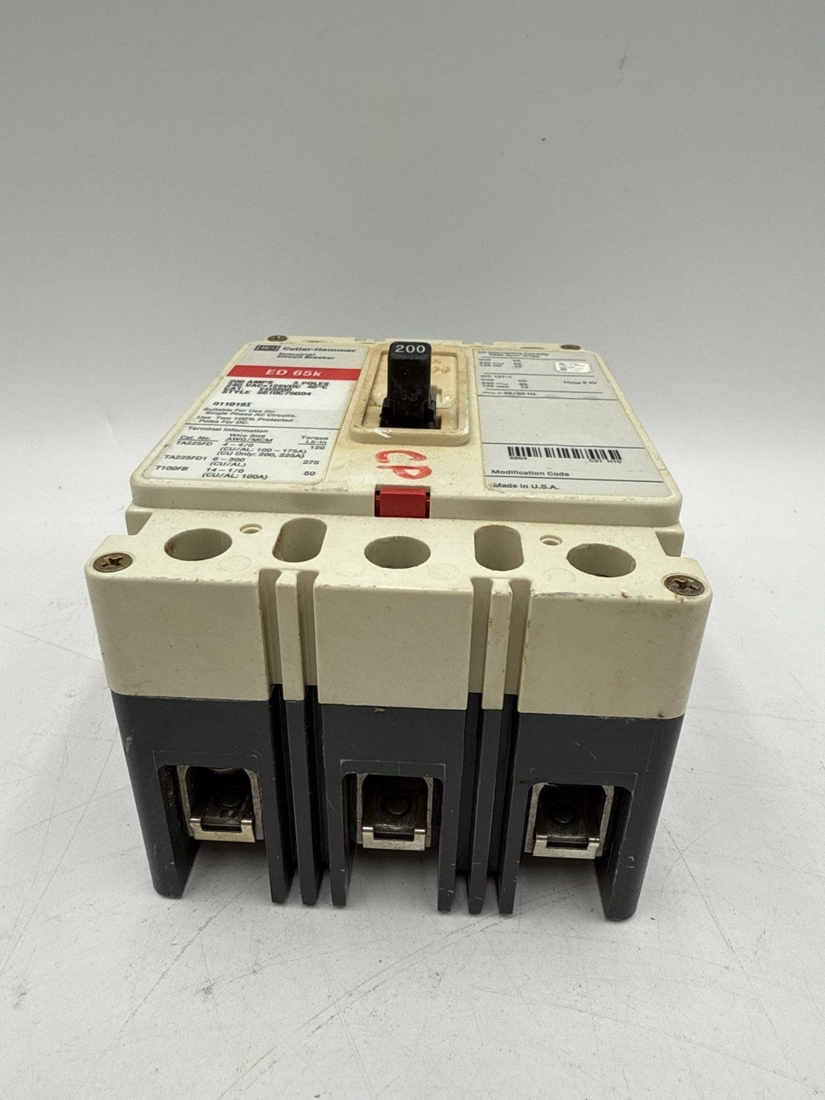 Cutler Hammer ED3200 Circuit Breaker 200A 3P 240V 3PH ED 65k 200 Amp 3 Pole Used
