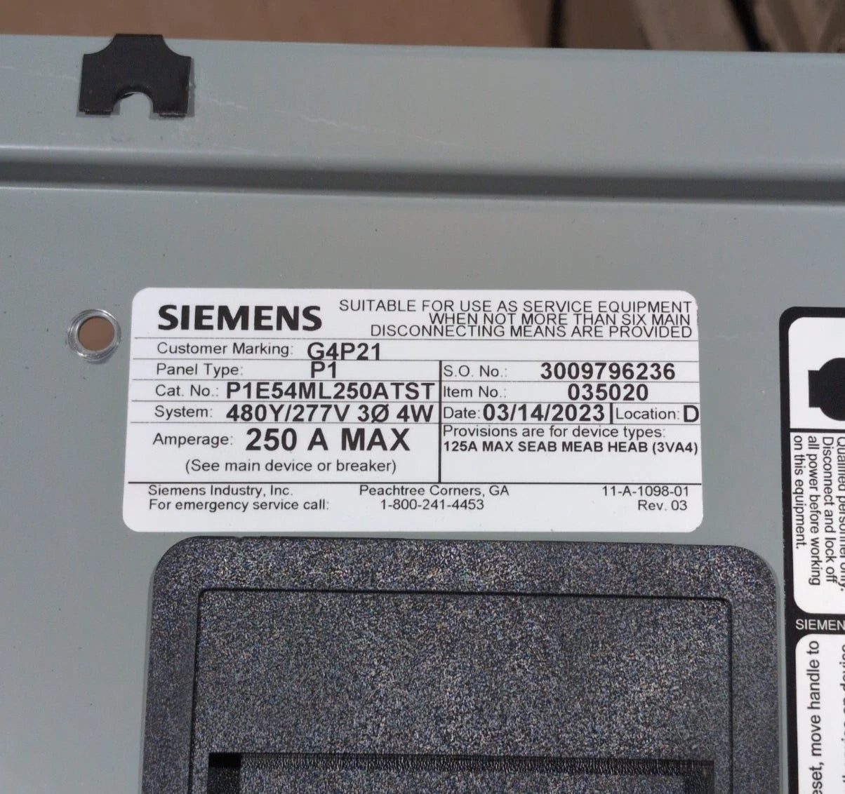 Siemens P1 Panelboard 250A 480/277V 3PH MLO Panel 250 Amp 54 Cir P1E54ML250ATST New