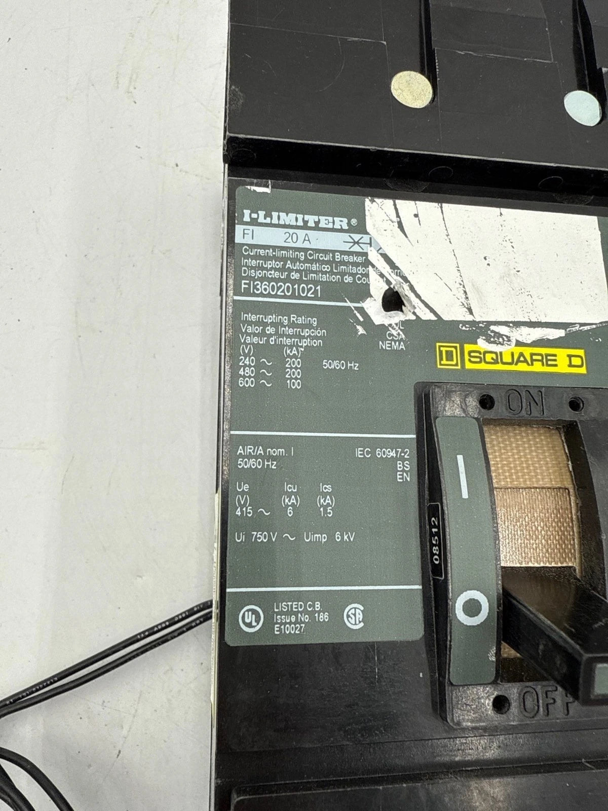 Square D FI360201021 I-Line Circuit Breaker 20A 3P 600V 3PH 20 Amp Shunt Trip Used