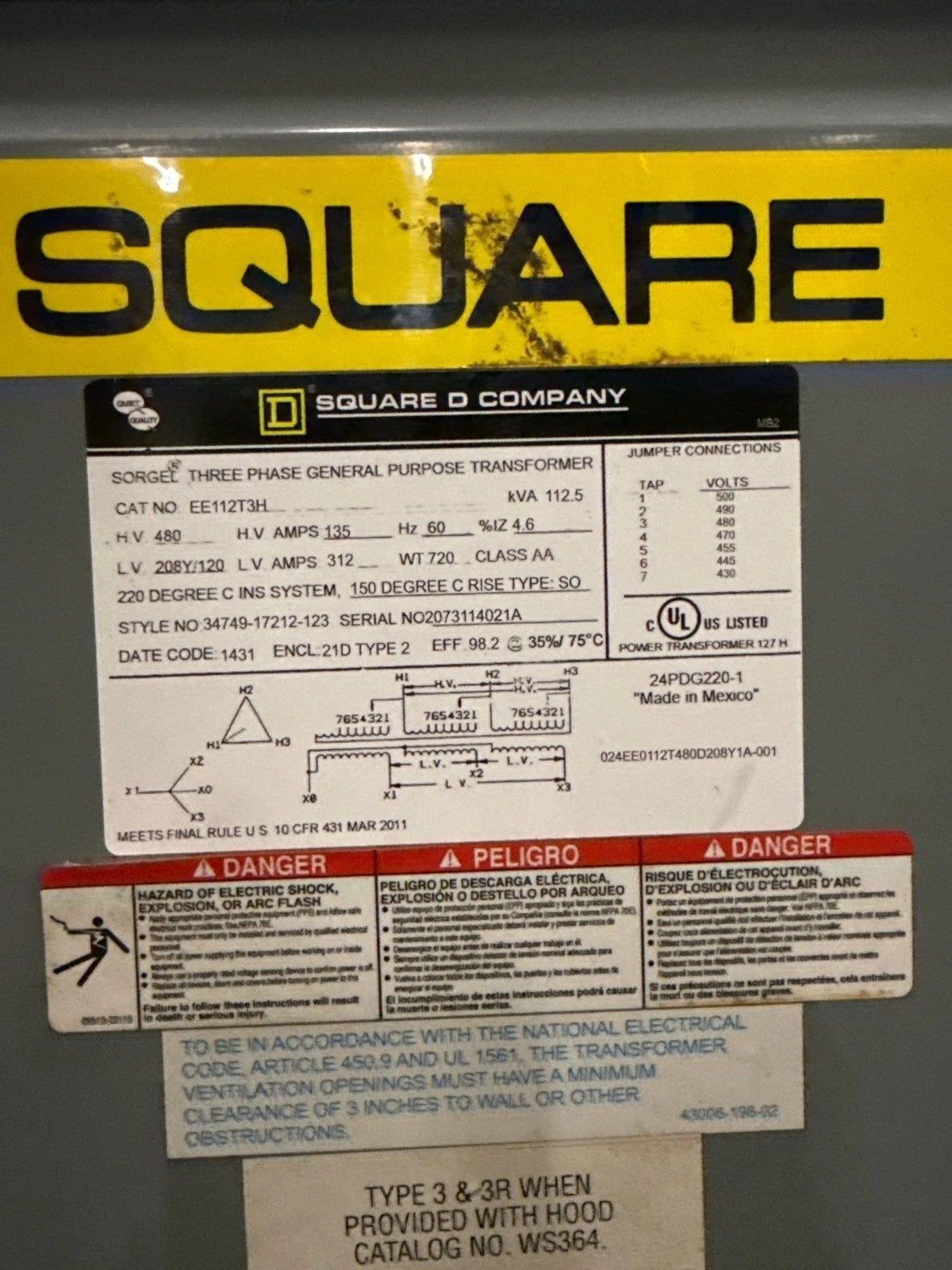 Square D 112.5KVA EE112T3H Transformer 3PH Pri 480V Sec 208Y/120V Indoor T282 Used