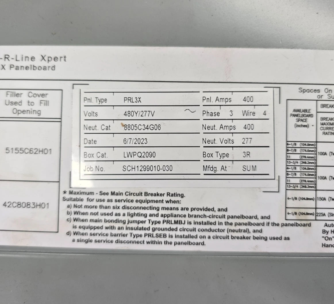 Eaton PRL3X Panelboard 400A 480/277V 3PH MCB Panel KD3400 Subfeed 350A 3R Encl Used