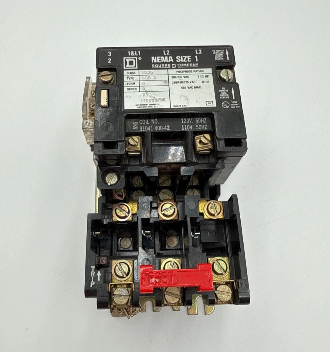 Square D 8536 SCO3 S NEMA Size 1 Starter 27A 10HP 3P 600V Coil 110/120V 8536SC03 Used