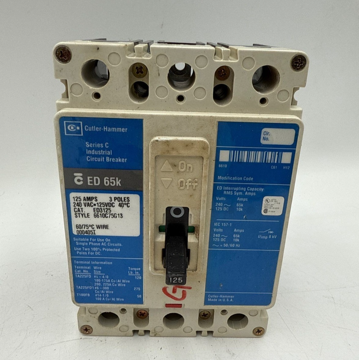 Cutler Hammer ED3125 Circuit Breaker 125A 3P 240V 3PH ED 65k 125 Amp 3 Pole Used