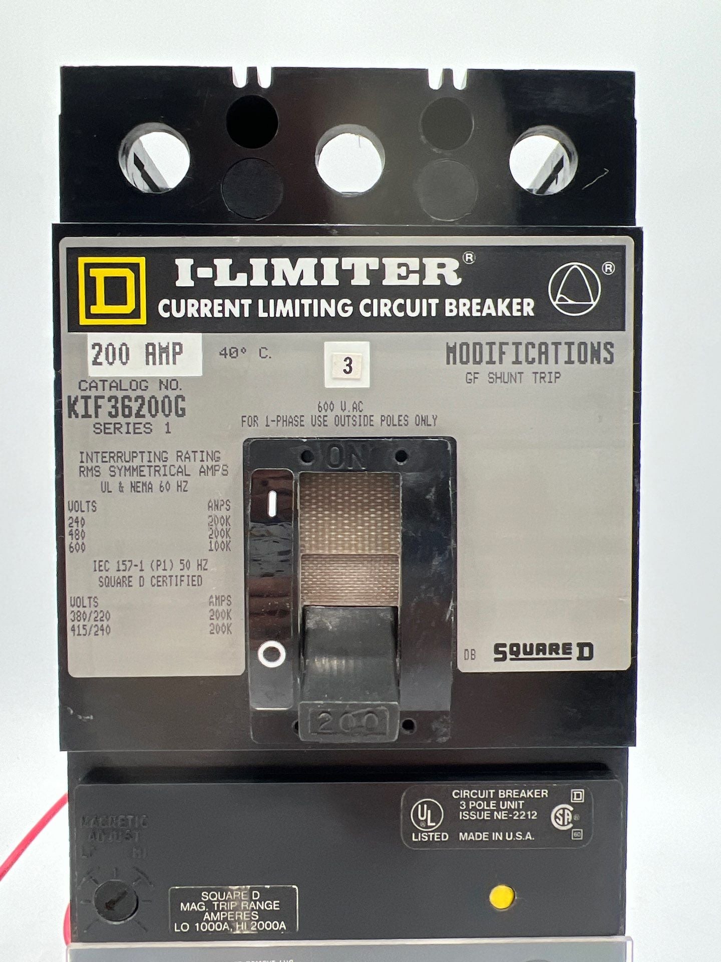 Square D KIF36200G Circuit Breaker 200A 600V 3P 200 Amp Ground Fault GFM250 Used