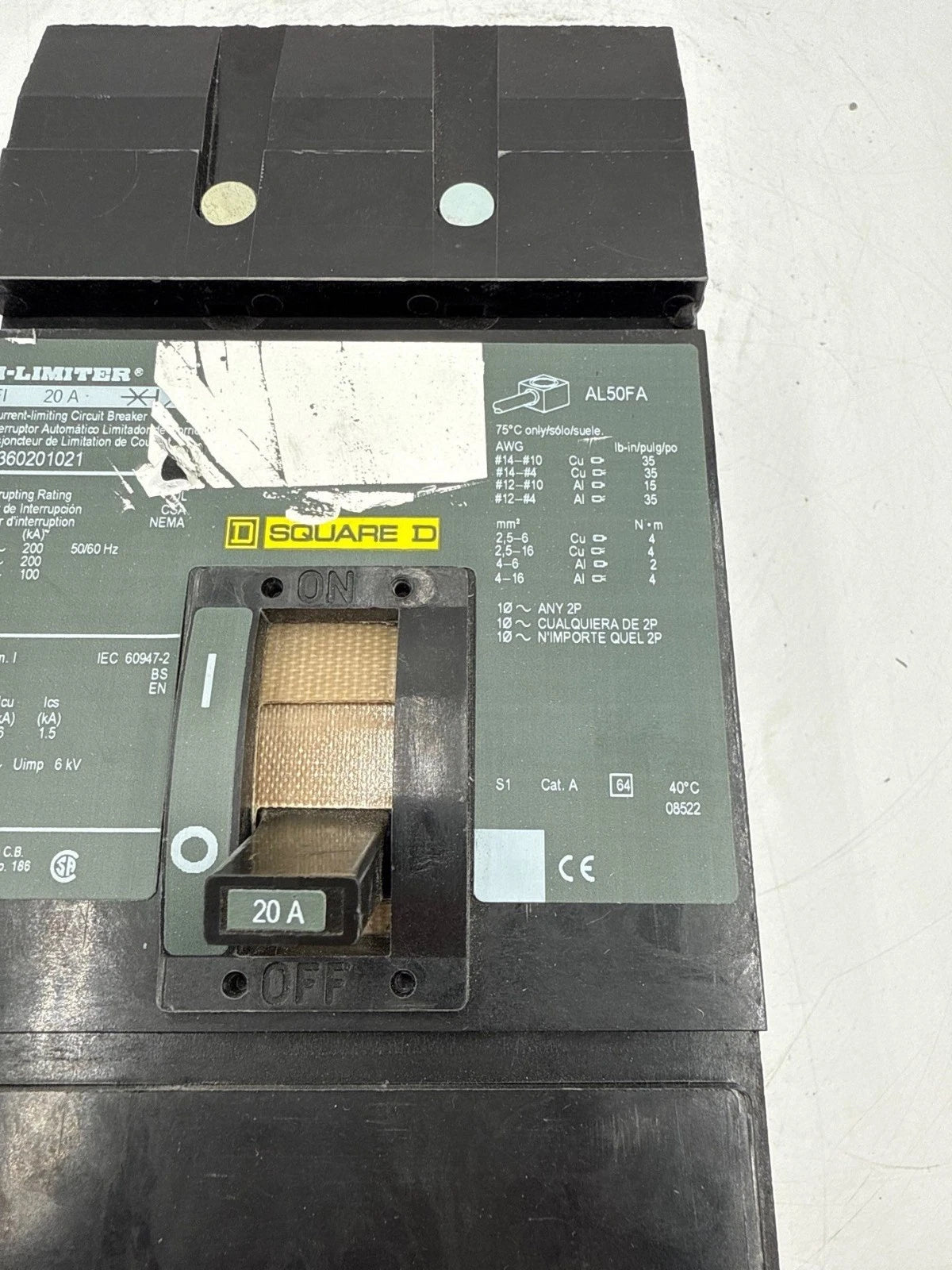 Square D FI360201021 I-Line Circuit Breaker 20A 3P 600V 3PH 20 Amp Shunt Trip Used