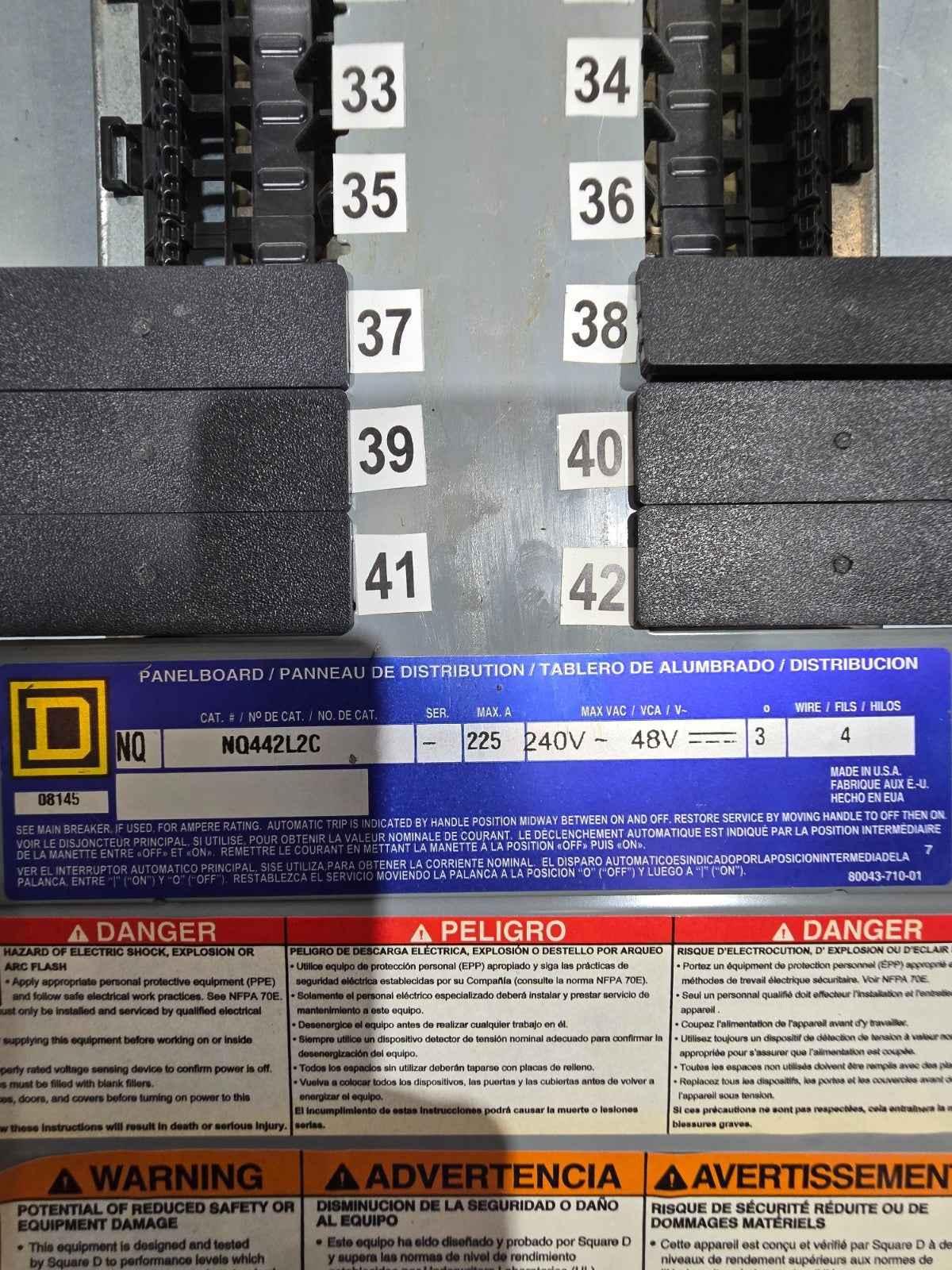 Square D NQ 442L2C Panelboard 225A 240V 3PH 4W 42 Cir MCB Panel Main QJL32150 Used
