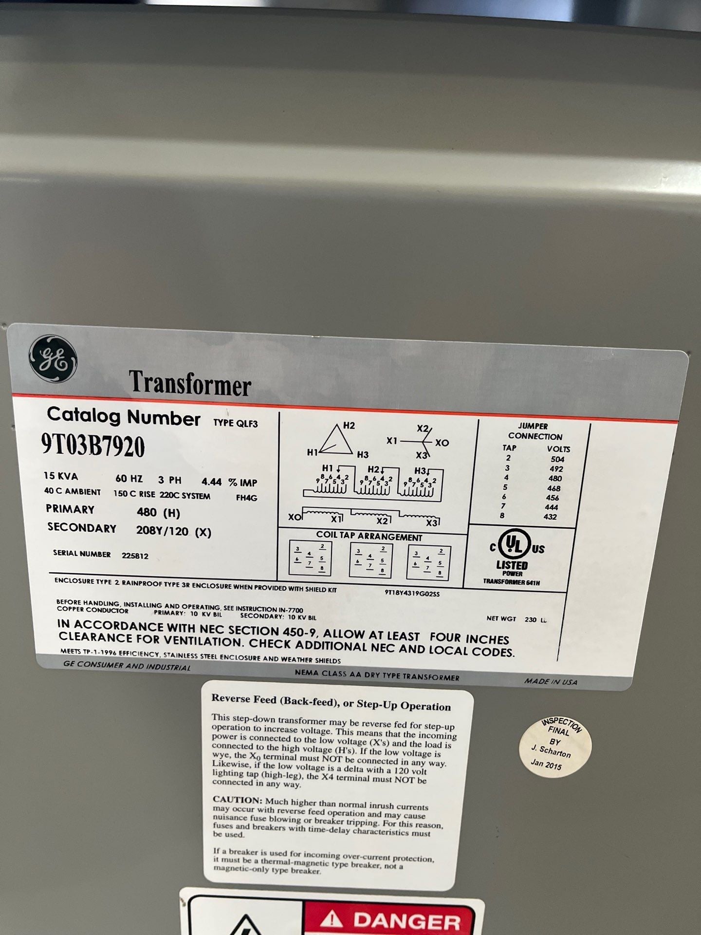 15kVA GE 9T03B7920 Transformer Pri 480V Sec 208Y/120V 3PH Indoor QLF3 Used