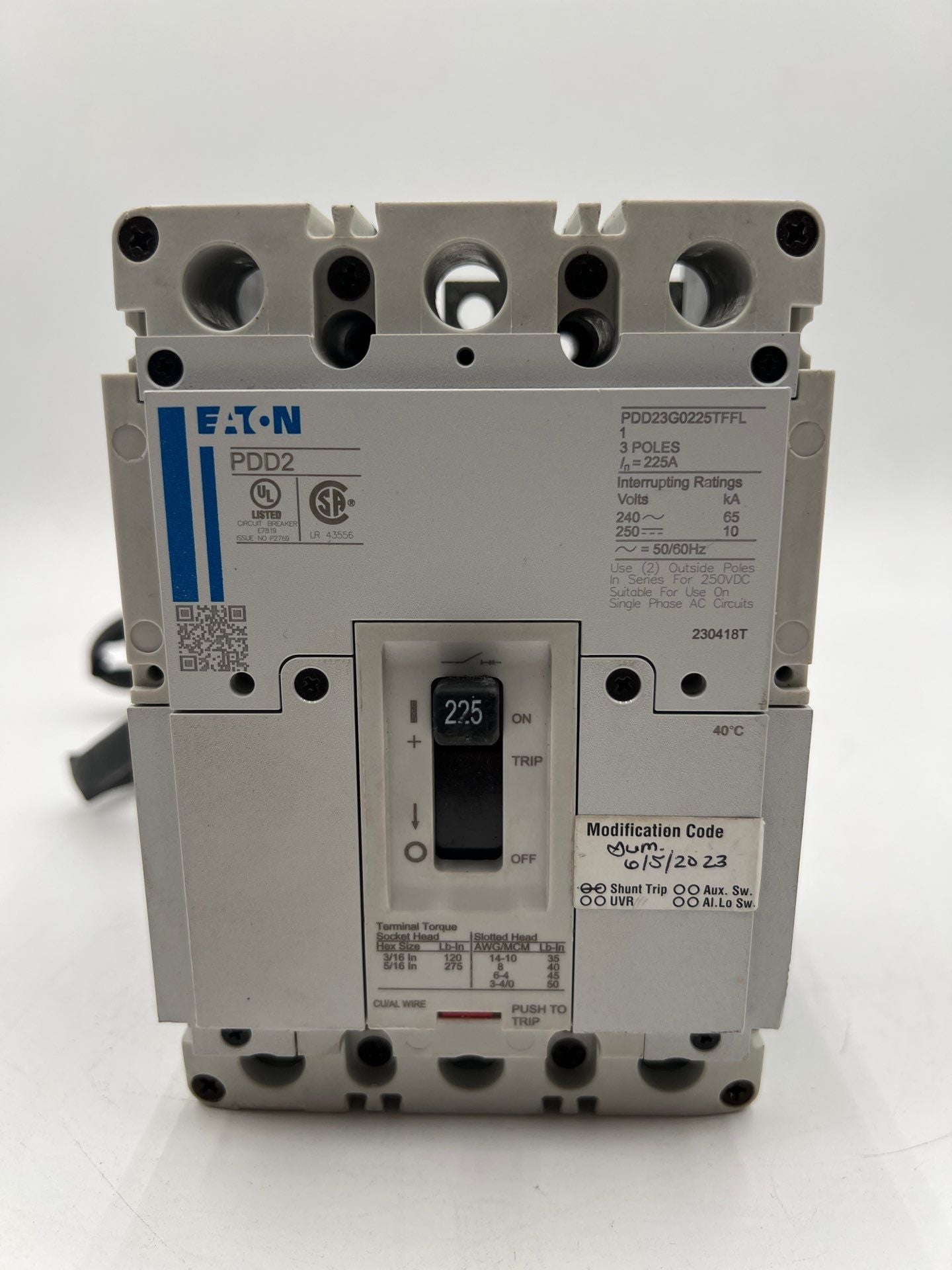Eaton PDD23G0225TFFL Circuit Breaker 225A 240V 3P 225 Amp 3 Pole 3PH Used