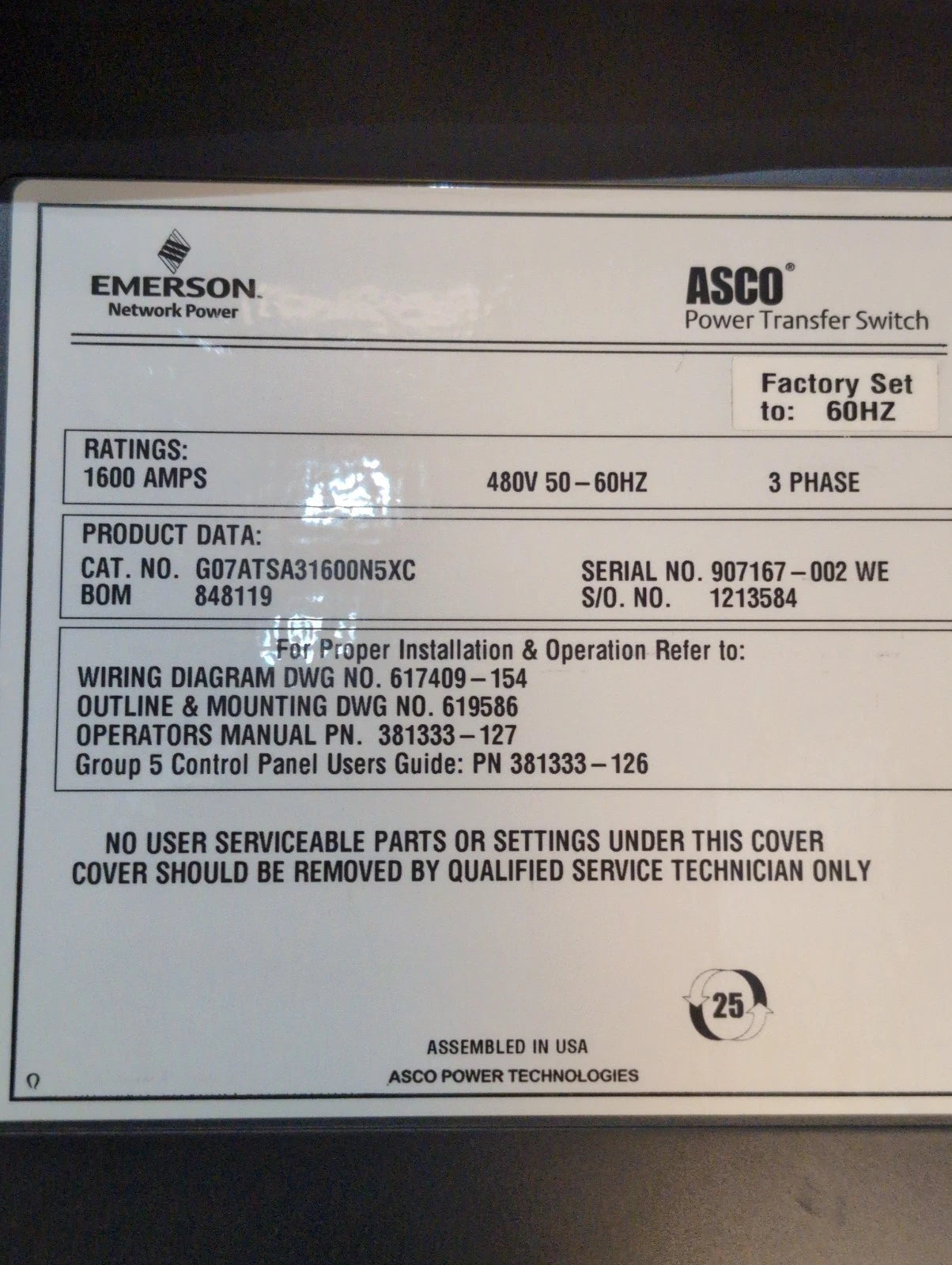 ASCO 7000 Series Automatic Transfer Switch 1600A 480V 3PH 3P G07ATSA31600N5XC Used