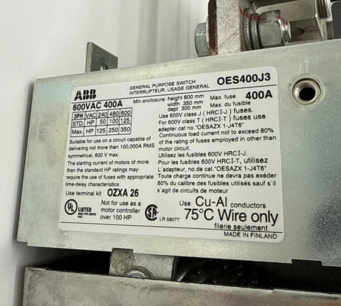ABB OES400J3 Fused Disconnect Switch 400A 3P 600V 3PH 350HP Fuses AJT250 250 Amp Used