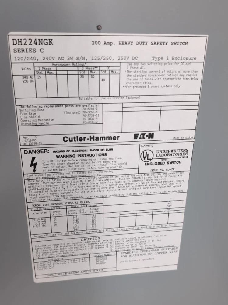 Eaton DH224NGK Safety Disconnect Switch 200A 2P 240V Type 1 Encl NEW New