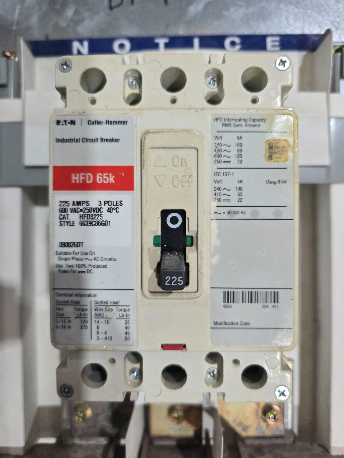 Eaton PRL3A Panelboard 400A 480V 3PH 3W MCB 400 Amp Panel HFD3225 225 Amp Used