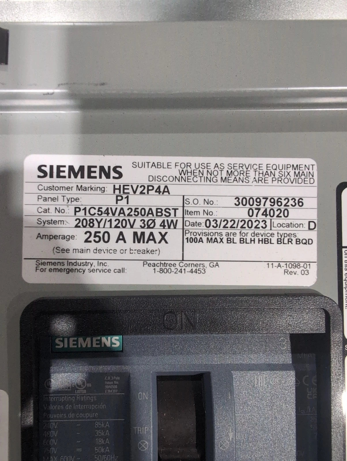 Siemens P1 Panelboard 250A 208/120V 3PH MCB Panel 250 Amp 54 Cir P1C54VA250ABST New