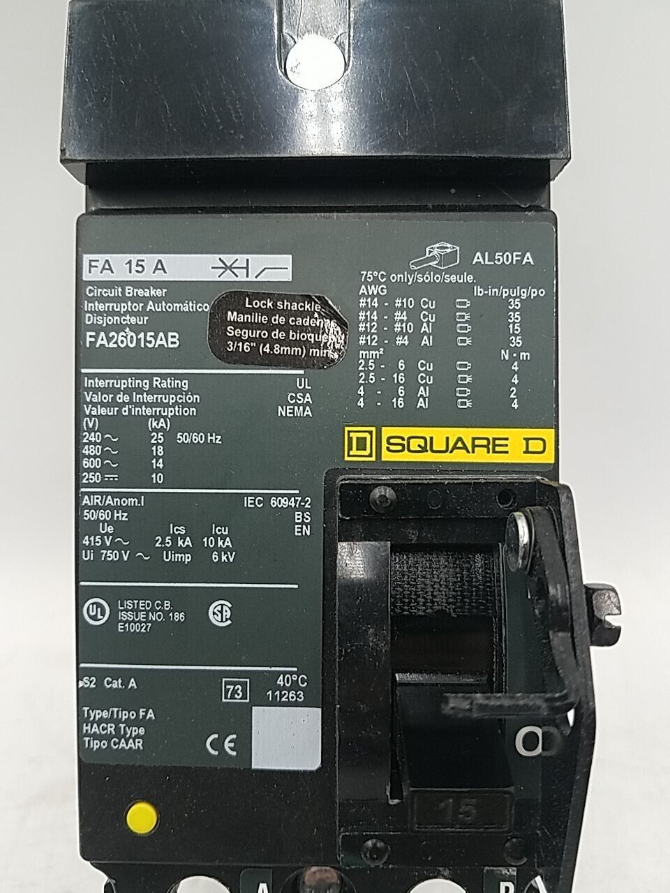 Square D FA26015AB Used