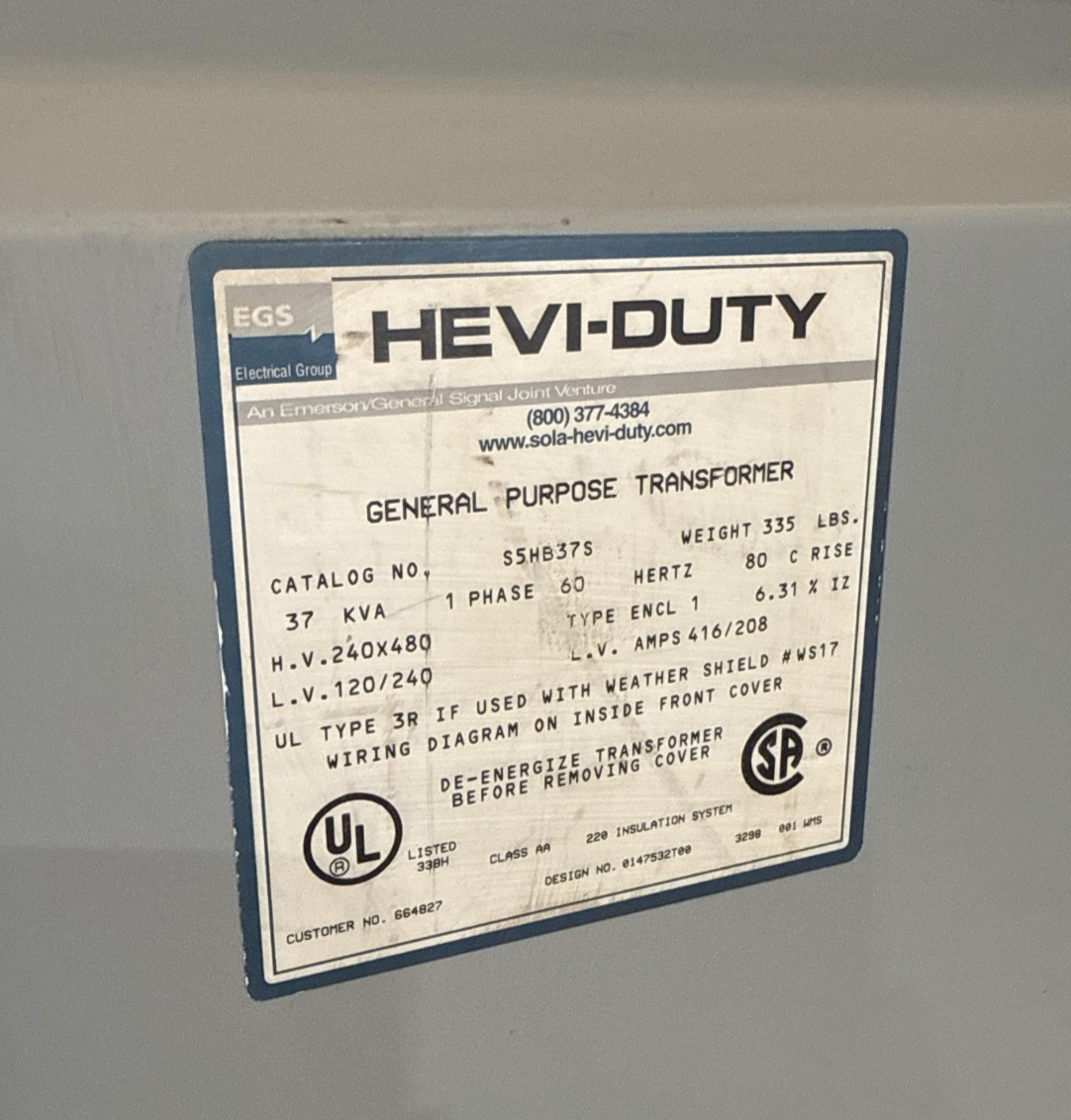 37 KVA Hevi-Duty S5HB37S Transformer Pri 240/480V Sec 120/240V 1PH Indoor Encl Used