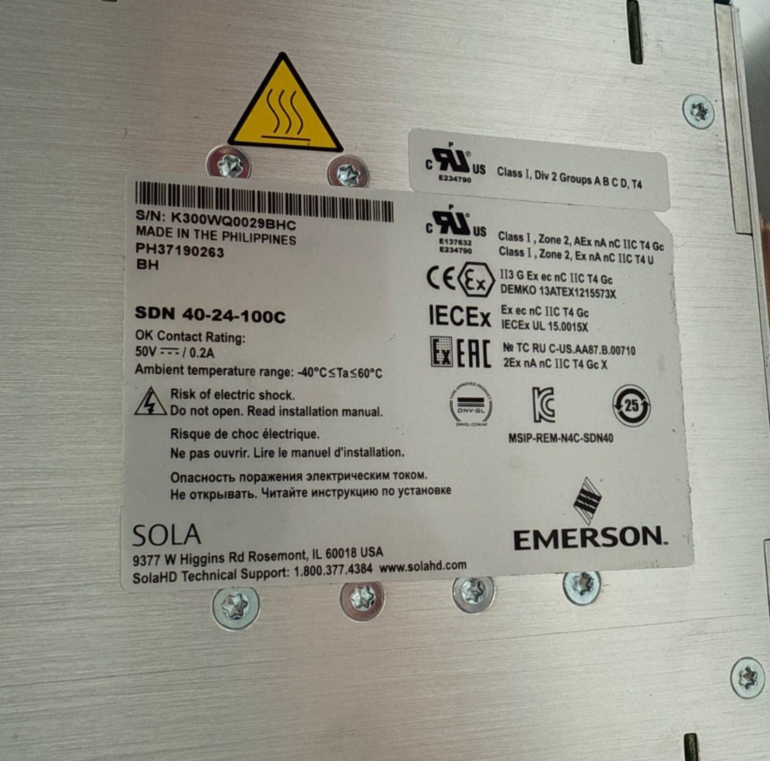 Emerson SOLA Hevi Duty SDN 40-24-100C Power Supply In 100-240V 12A Out 24VDC 40A Used